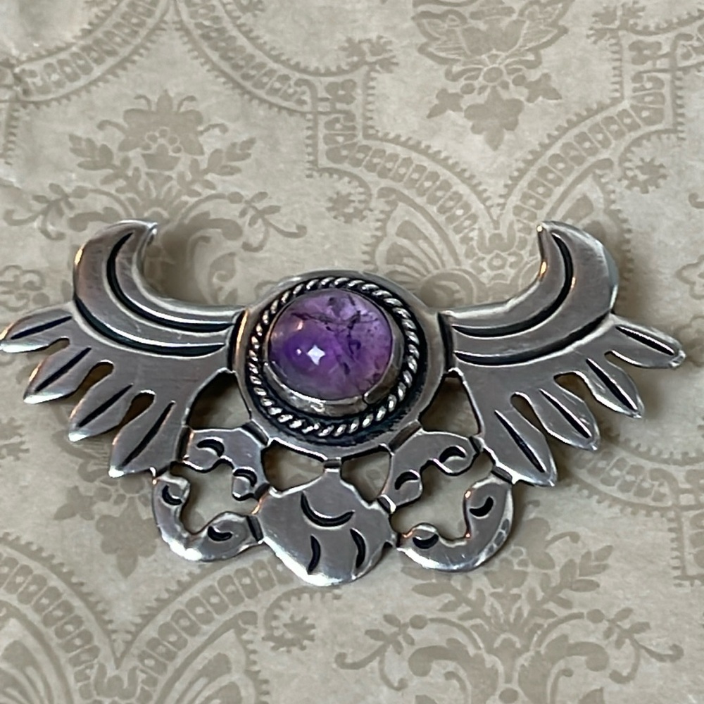Mexico Silver Eagle Amethyst Brooch Vintage